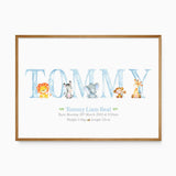 Personalised baby name print with safari animals and birth details for nursery