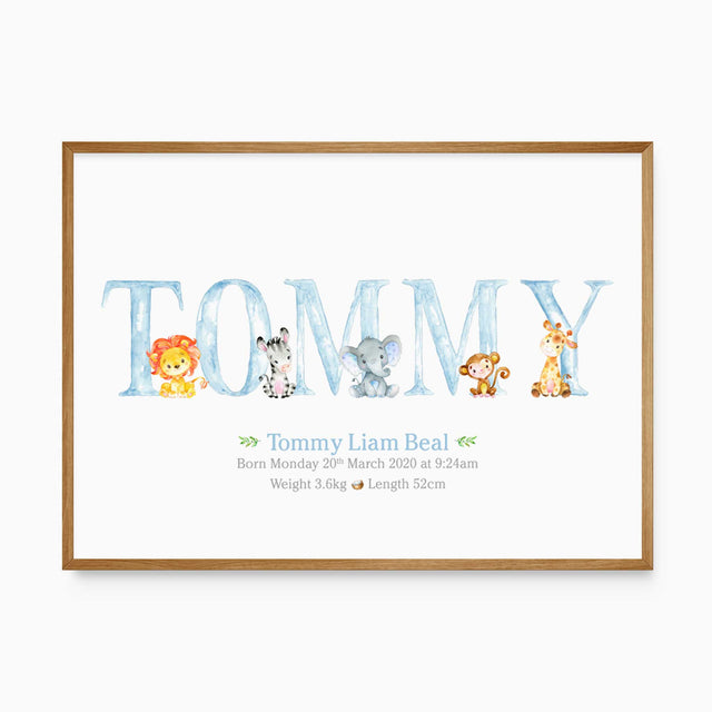 Personalised baby name print with safari animals and birth details for nursery
