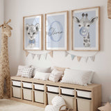 personalised safari animal nursery print set with giraffe bubble and lion cub artwork