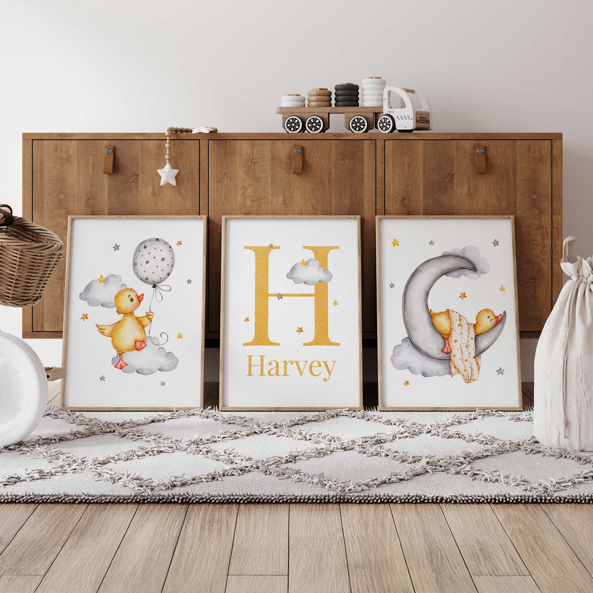 Personalised baby nursery wall art set with ducks, moon and name initial print.