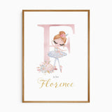 Personalised ballerina name print featuring a floral initial and ballet dancer in soft pink tones for girls bedroom decor