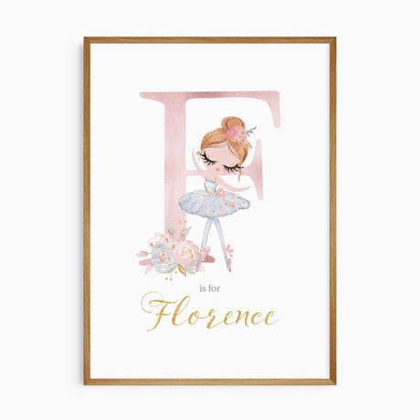 Personalised ballerina name print featuring a floral initial and ballet dancer in soft pink tones for girls bedroom decor