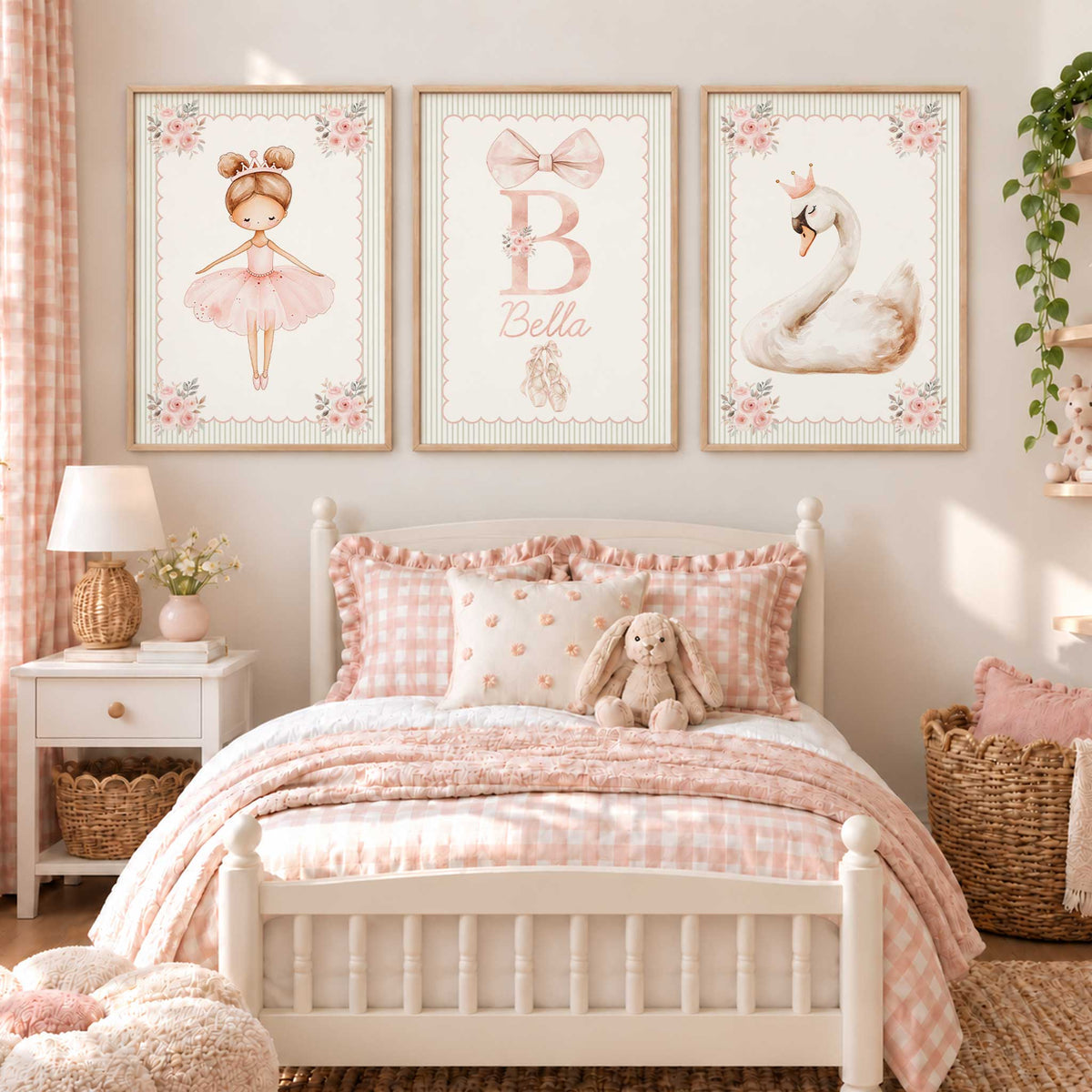 Ballerina and swan wall art set with a personalised initial print, blush pink flowers and sage striped borders.