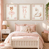 Ballerina and swan wall art set with a personalised initial print, blush pink flowers and sage striped borders.