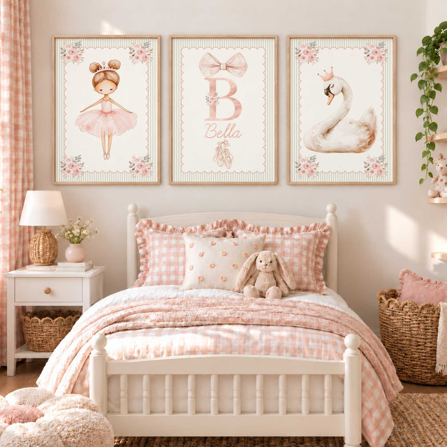 Ballerina and swan wall art set with a personalised initial print, blush pink flowers and sage striped borders.