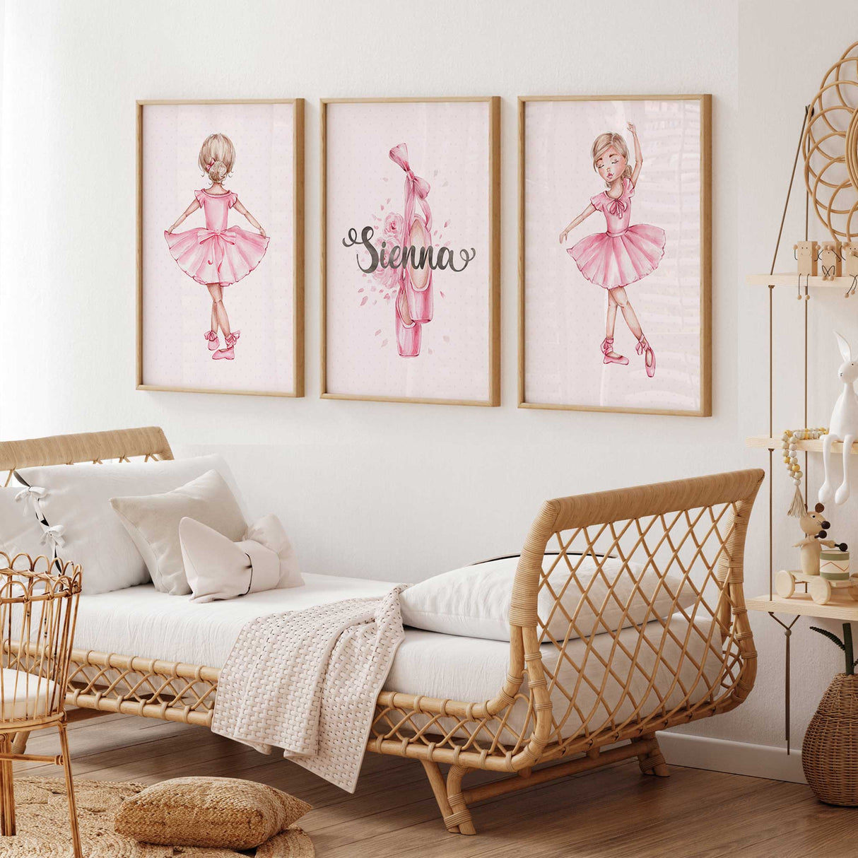 Personalised ballerina wall art set for a girls bedroom with pink ballet dancers, pointe shoes and custom name print.