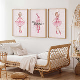 Personalised ballerina wall art set for a girls bedroom with pink ballet dancers, pointe shoes and custom name print.