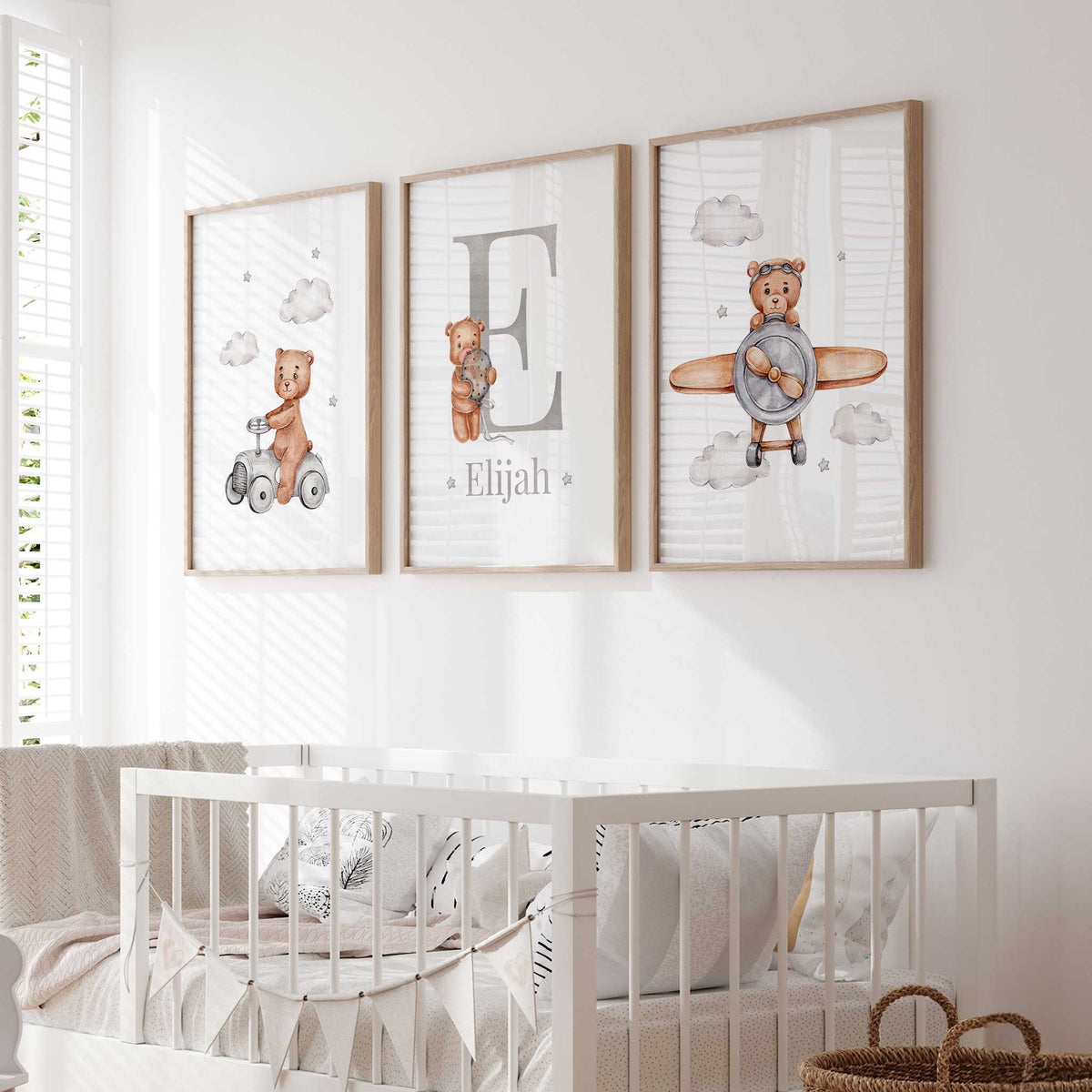 Personalised bear nursery set with a toy car bear, grey initial and name with balloon bear, and a pilot