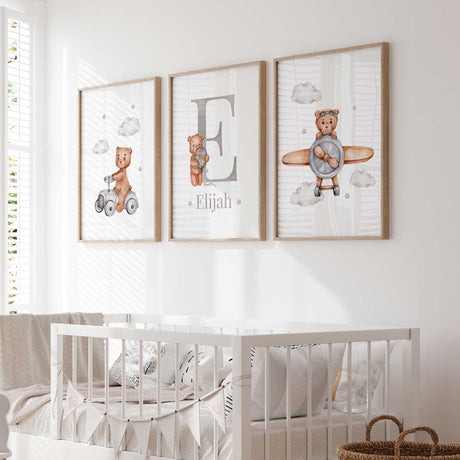 Personalised bear nursery set with a toy car bear, grey initial and name with balloon bear, and a pilot