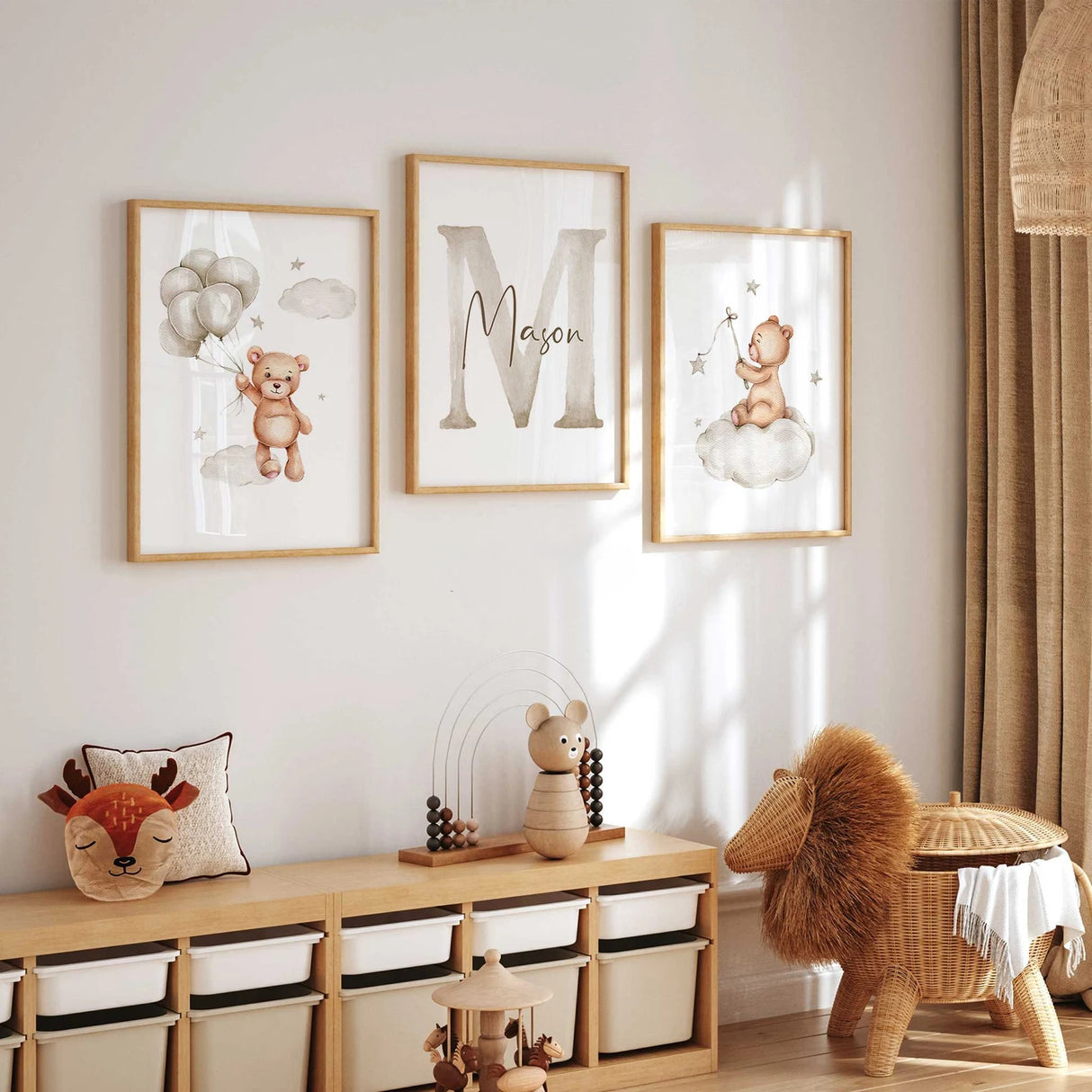 Personalised teddy bear print set with balloons, initial and name, and cloud bear for kids room