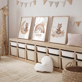 Personalised bear nursery wall art set with moon cloud and rainbow prints