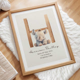 Personalised birth details print with baby’s initial, name, birth date, time and weight in a neutral nursery design