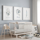 Personalised blue boys nursery prints set of three with headdress dreamcatcher arrow and child’s name