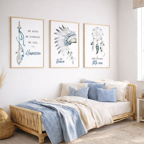 Personalised blue nursery prints set of three with headdress dreamcatcher and arrow artwork