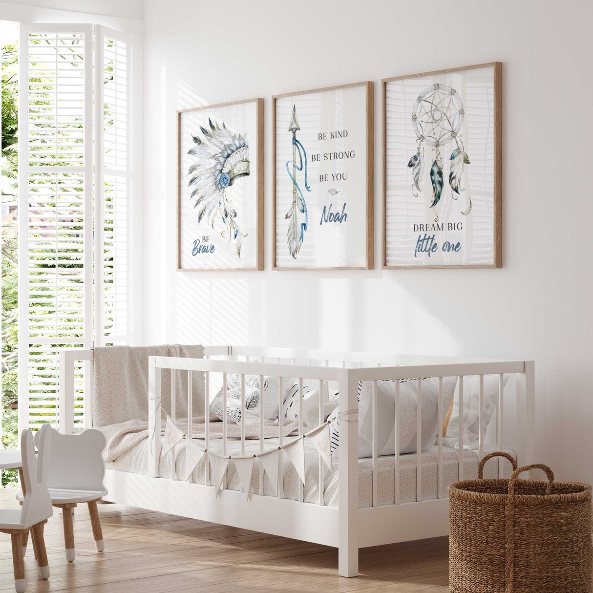 Personalised baby boy nursery prints in blue cream and grey with meaningful positive wording