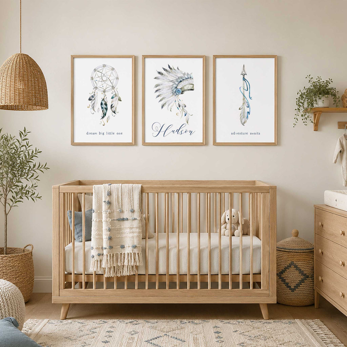 Personalised boho tribal nursery wall art set in soft blue, grey and neutral watercolour tones