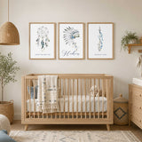 Personalised boho tribal nursery wall art set in soft blue, grey and neutral watercolour tones