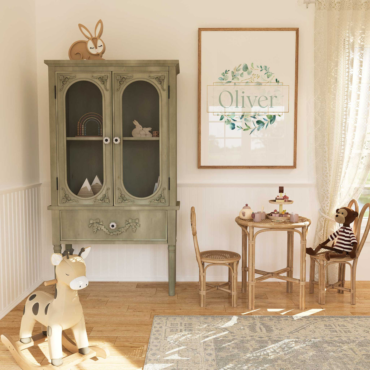 Custom children’s name print with watercolour eucalyptus leaves