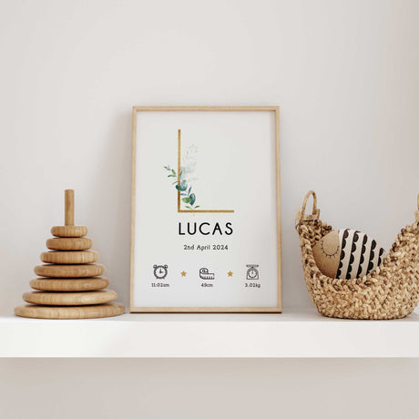 Personalised botanical nursery print with a eucalyptus initial, baby’s name and individual birth information