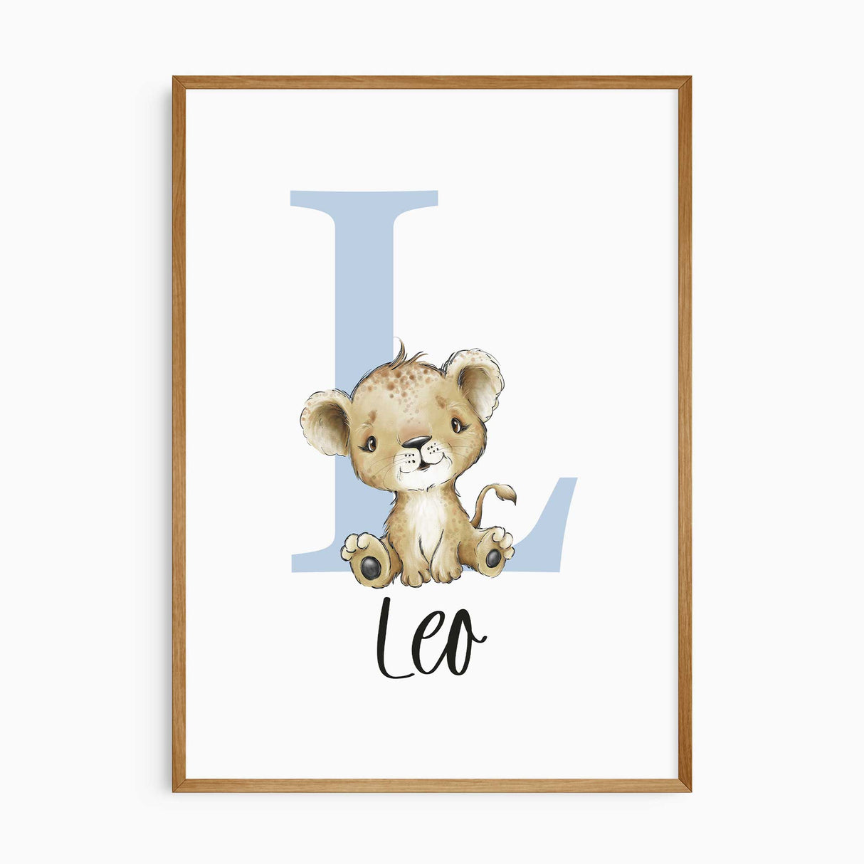 Personalised boys animal initial name print in blue or grey for nursery wall decor