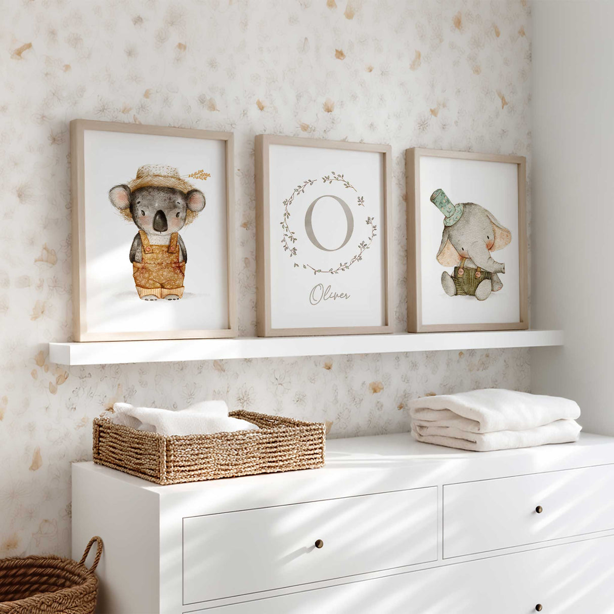 Personalised boys animalsnursery prints with initial wreath and custom baby name