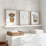Personalised boys animalsnursery prints with initial wreath and custom baby name