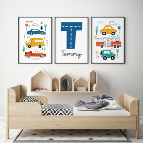 Personalised boys transport wall art set featuring fire truck, digger, car and bus with custom name print for kids nursery.