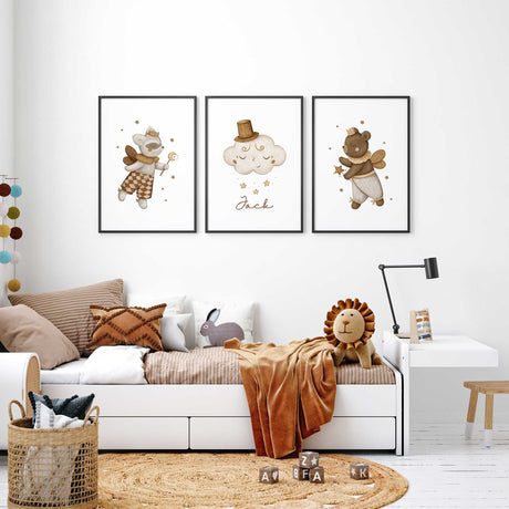 Boys prince nursery decor personalised wall art set with bunny bear and cloud illustration