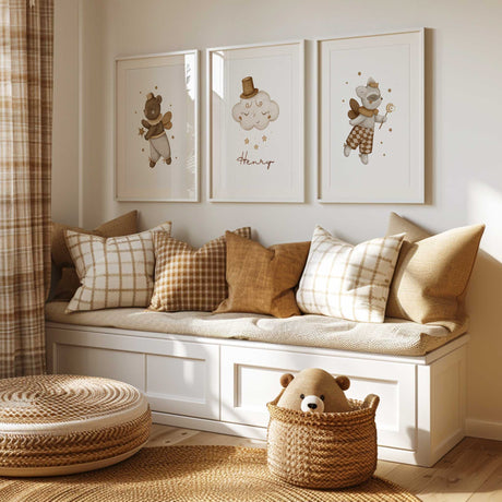 Boys nursery wall art set with prince animals and personalised cloud name design