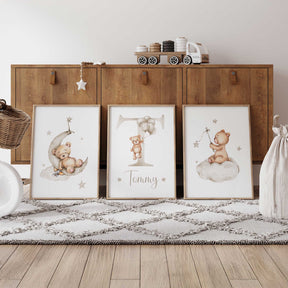 Set of three teddy bear nursery prints in warm beige with moon bear initial print and cloud bear