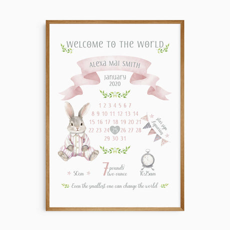 Pink personalised bunny birth print with baby’s name, highlighted birth-date calendar, weight, length and time
