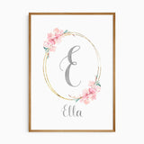 Personalised bunny name print with floral initial for girls room