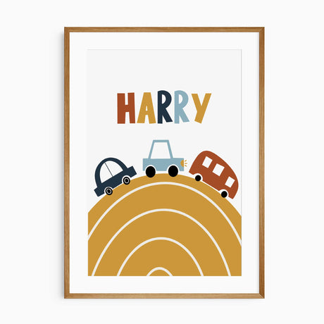 personalised car print with multicoloured lettering and three vehicles above a mustard curved road on white.
