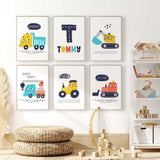 Set of six personalised cartoon construction prints with five smiling vehicles, a navy road initial and colourful name.