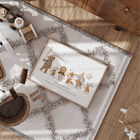 Personalised circus animal birth print featuring bear, mouse, lion, fox, elephant, and bunny in warm nursery colours.