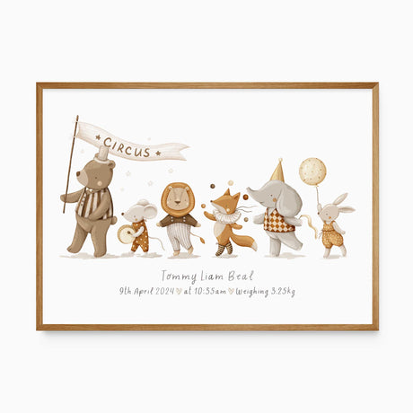 Personalised circus parade birth print with a bear, mouse, lion, fox, elephant and rabbit above the baby’s birth details