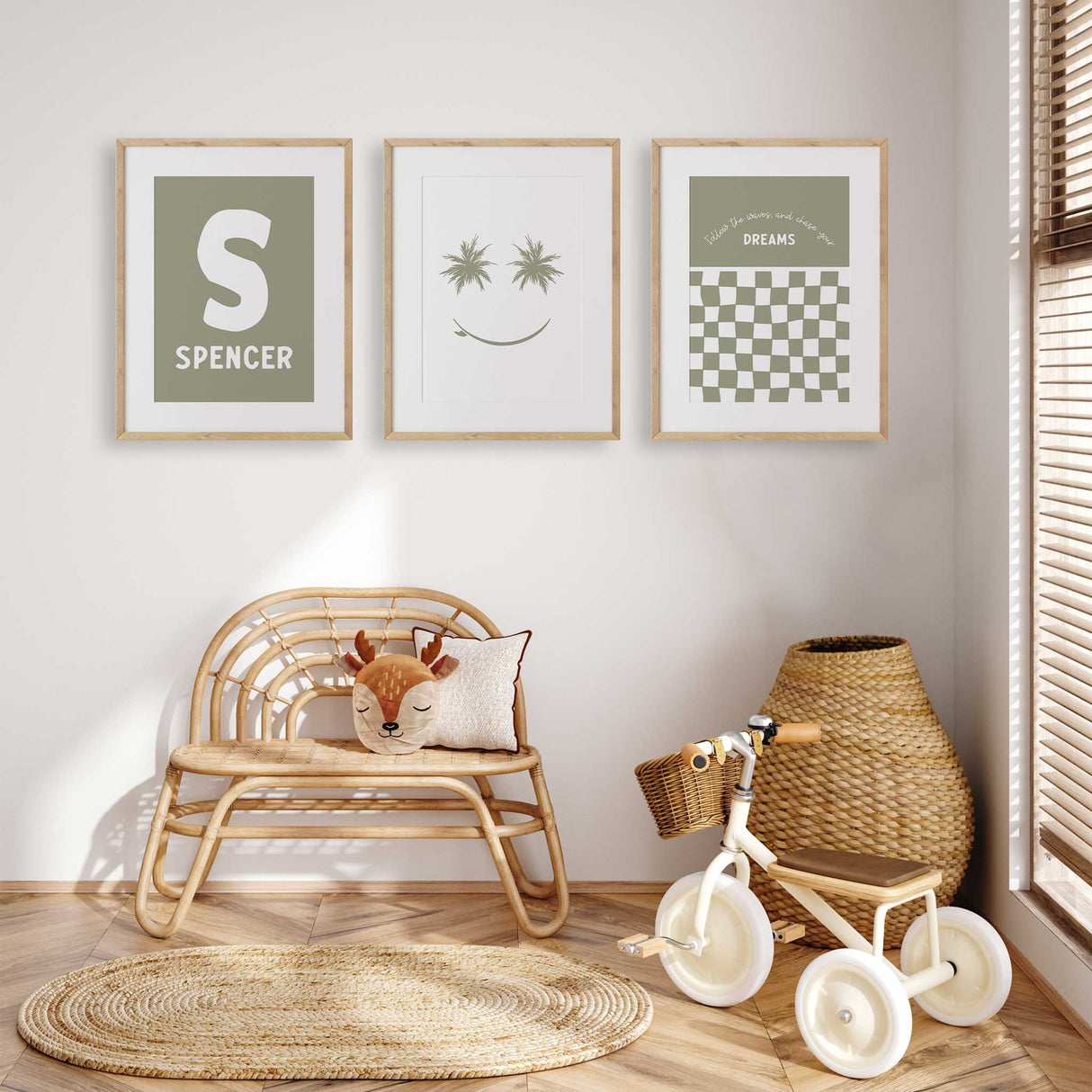 Personalised coastal boys wall art set in sage green with initial name print, checkerboard pattern and palm tree smiley for beach themed kids room