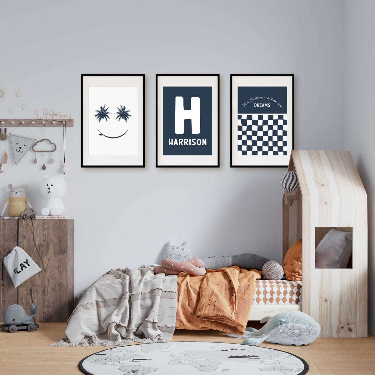Navy surf prints featuring name and initial, palm tree smiley face and a matching checkerboard dreams quote.