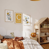 set of three construction nursery prints with digger and dump truck illustrations and personalised initial name print for boys room