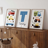 Three colourful personalised construction and emergency vehicle prints with a road-style initial and custom name