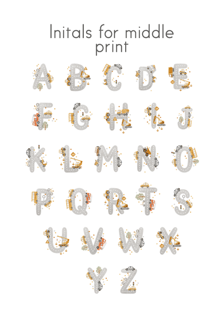 Construction alphabet wall art showing personalised initial designs available for children's name prints