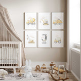 Personalised construction nursery wall art set featuring cement mixer, digger, dump truck, crane, tractor and custom initial name print in soft yellow and grey tones