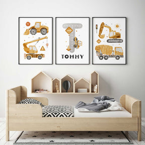 Personalised construction wall art print for boys bedroom or nursery