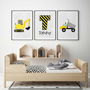 personalised construction wall art set with excavator dump truck and name initial