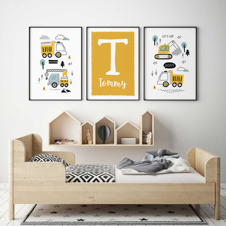 personalised construction wall art set for boys room