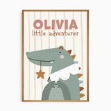 Crocodile nursery wall art personalised with a child’s name, star details and little adventurer wording.