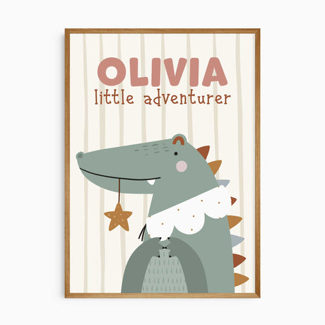 Crocodile nursery wall art personalised with a child’s name, star details and little adventurer wording.