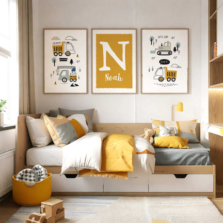 Personalised digger and truck nursery wall art set for boys with three coordinated construction themed prints.