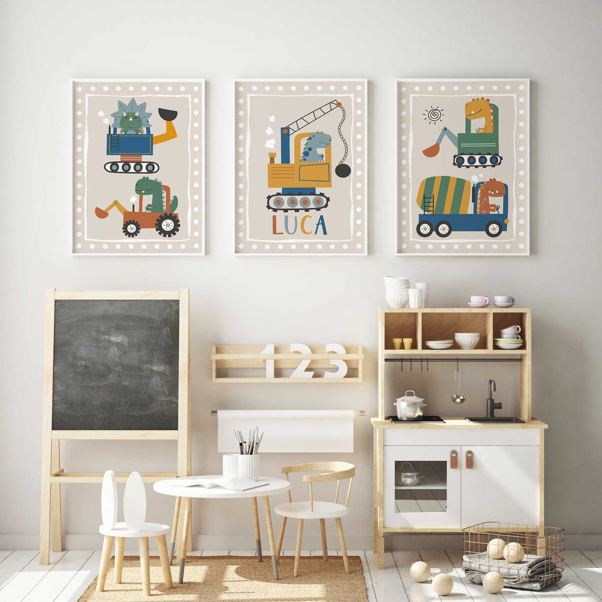Personalised dinosaur truck and crane prints for boys room wall art