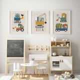 Personalised dinosaur truck and crane prints for boys room wall art